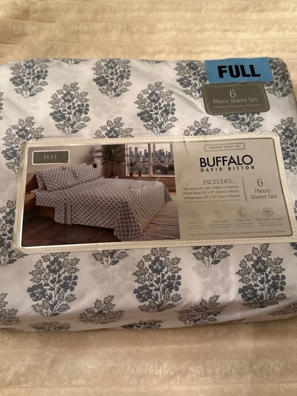 Buffalo David Bitton Full Floral Print Sheet Set in Blue and White